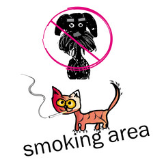 Smoking area icon, funny cartoon ginger cat smokes with a miniature schnauzer
