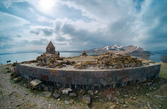 The monastic complex Sevanavank on a peninsula at the northwestern shore of Lake Sevan in Armenia