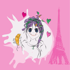 Happy anime girl with purple and green braid hairstyle eating croissant nearby the Eiffel tower