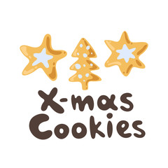 Vector hand-drawn ginger cookie, holiday season doodle clipart. Christmas collection, lettering. Iced christmas biscuits. Cute holiday bakery isolated on a white background. Kawaii cartoon icon