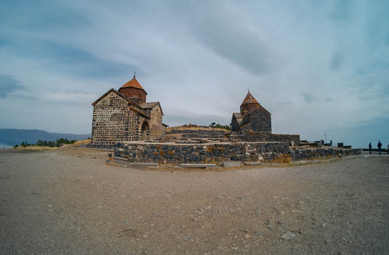 The monastic complex Sevanavank on a peninsula at the northwestern shore of Lake Sevan in Armenia