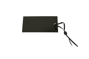 Blank black cardboard price tag or label, white background, isolated