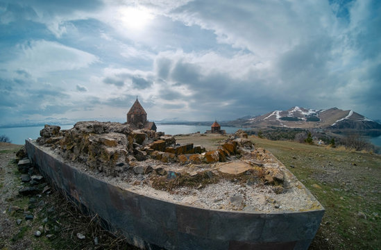 The monastic complex Sevanavank on a peninsula at the northwestern shore of Lake Sevan in Armenia