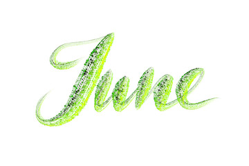 June lettering word written with green luminous particles isolated on white background.