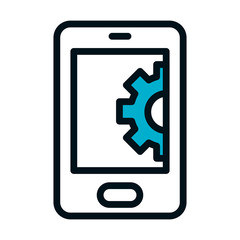 SEO and marketing online concept, smartphone with gear wheel icon, half color half line style