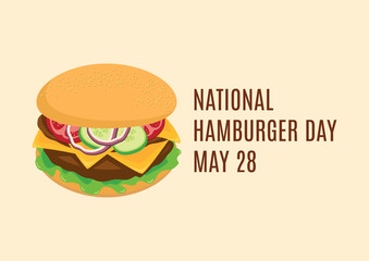National Hamburger Day vector. Fresh meat hamburger with vegetables icon vector. Big burger cartoon. Big tasty hamburger with vegetables vector. Hamburger Day Poster, May 28. Important day