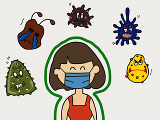 Covid-19 virus protection concept, Girl wearing protective face masks illustration in cartoon style.

