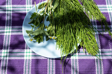 View from above. On a blue plate are tubes for drinks and mint leaves, lemon balm, wild strawberry...