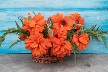 On a blue background is a basket with red poppies.