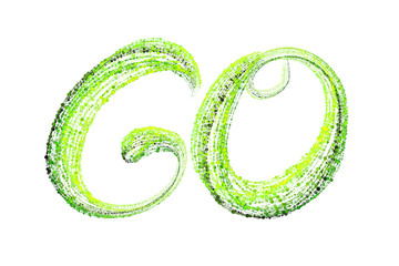 The word lettering GO made by fresh green bio circles of confetti particles isolated on white background. Time to start something new, fresh and positive