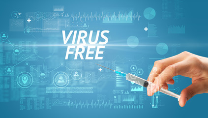 Syringe needle with virus vaccine and VIRUS FREE inscription, antidote concept