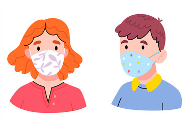  Kids wearing surgical mask to protect against Covid 19.Girl and boy in bright masks. Masks with a pattern.Flat cartoon vector illustration.