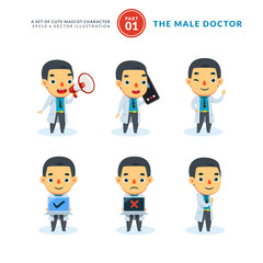 Obraz na płótnie Canvas Vector set of cartoon images of Male Doctor. First Set. Isolated Vector Illustration