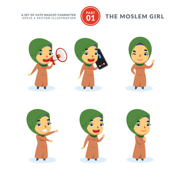 Vector set of cartoon images of Moslem Girl. First Set. Isolated Vector Illustration