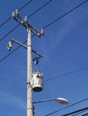 Electric pole in blue sky