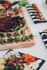 Christmas table feast. Delicious Italian delicatessen, prosciutto snacks, cheese and olives, appetizers on table at wedding reception in restaurant. Luxury catering service