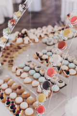 Wedding candy bar. Delicious creamy desserts with fruits, macarons, cakes and cookies on table at wedding reception in restaurant. Luxury catering service.