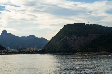 View of Christ the Redeemer statue and Sugarloaf Cable Car, Rio de Janeiro, Brazil, from a cruise