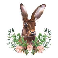 Watercolor Wild Rabbit and Bouquet with flowers, branches, green leaves. Forest nursery woodland illustration. Bohemian drawing for nursery poster, patterns. Perfect for invitations, greeting cards.