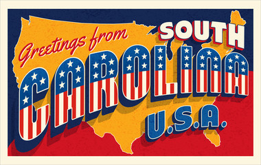 Greetings from South Carolina USA. Retro style postcard with patriotic stars and stripes lettering and United States map in the background. Vector illustration.