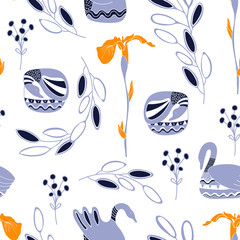 Seamless Folk Art Vector pattern with ducks and flowers for decoration, print, textile, fabric, stationery