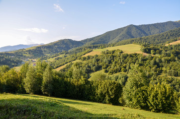 Fototapeta na wymiar Countryside mountain landscape with forest in the meadow in summer sunny day. Nature Panorama Carpathians village in mountains