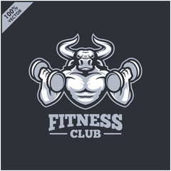 Bull with strong body, fitness club or gym logo. Design element for company logo, label, emblem, apparel or other merchandise. Scalable and editable Vector illustration