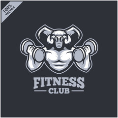 Elephant with strong body, fitness club or gym logo. Design element for company logo, label, emblem, apparel or other merchandise. Scalable and editable Vector illustration