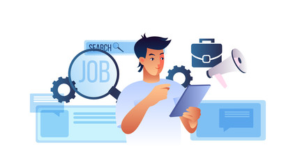 Search job concept with young male candidate, flipchart, magnifier, megaphone, briefcase, abstract profile windows. Recruitment illustration in flat style with professional manager analyzing vacancies