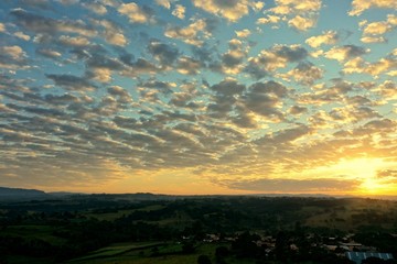 Aerial view of dramatic sky in the ranch. Rural life scene. Countryside landscape. 