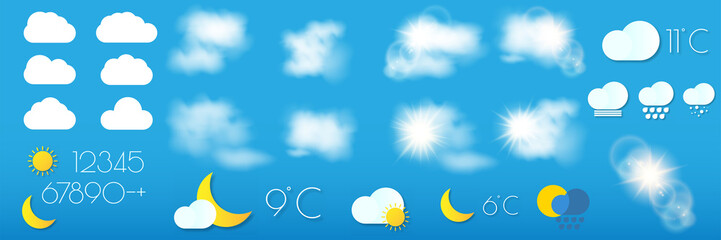 Set of Realistic weather forecast widget for mobile application program template vector illustration. Weather icons collection. Clouds, sun, moon and other icons