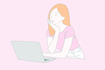 Woman sitting and using laptop computer for concept work form home learning form internet shopping online or reading news.