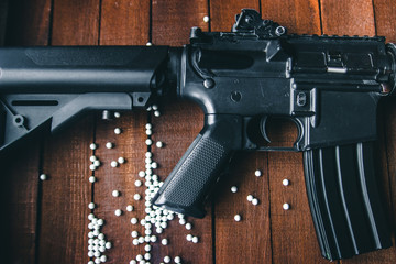 closeup details on airsoft assault rifle