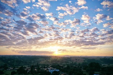 Aerial view of dramatic sky in the ranch. Rural life scene. Countryside landscape. 