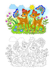 Page for kids coloring book. Illustration of two cute little deer playing in a meadow. Printable worksheet for children school textbook. Online education. Flat cartoon vector.