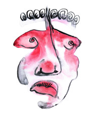 Strange sad face of a man with thick lips and nose. Watercolor illustration