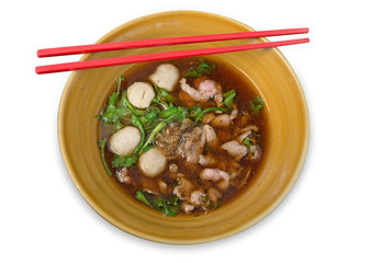 Close up Chinese clear soup and meatball and vegetables on ceramic bowl