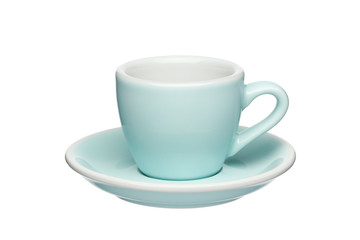 Blue cup and saucer isolated on a white background.