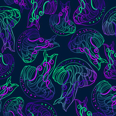 Vector seamless colorful pattern with green and purple lined bioluminescent mushrooms or fungi in dark tones. Design with jellyfish. The design is perfect for wallpaper, clothes, 