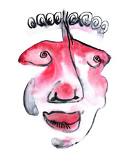 Strange smiling face of a man with thick lips and nose. Watercolor illustration