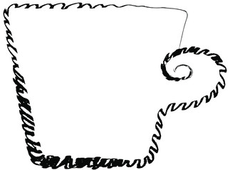 Cup - a black outline is drawn in one line. Tea party symbol in abstract form, child's drawing.