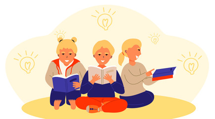 Group of students reading books. Children, learning, studying concept. Flat vector illustration.