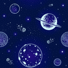 Obraz na płótnie Canvas Vector Blue Space Planets Seamless Pattern