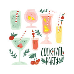 Set of hand drawn alcoholic drinks, cocktails. Summer holiday and beach party concept. Isolated vector icons. Scandinavian nordic design for bar or interior or cover or textile or background.