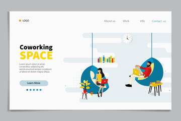 Coworking Space Landing Page Flat Cartoon Template. Freelancers Team Working Online on Laptop. Business People Sharing Open Workspace. Man Characters Sit on Armchair and Sofa. Vector Illustration