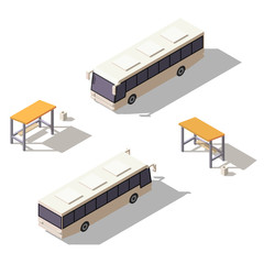 Isometric vector city bus and bus stop.