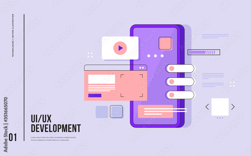 Poster mobile ui/ux development design concept. smartphone with interface elements. digital industry. innov