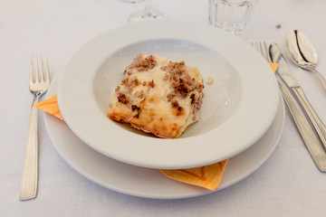 Bolognese lasagne close up view