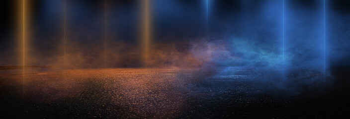Wet asphalt, reflection of neon lights, a searchlight, smoke. Abstract light in a dark empty street with smoke, smog. Dark background scene of empty street, night view, night city. © MiaStendal