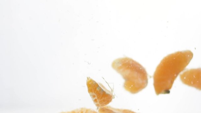 Slices of tangerines in an aquarium with water.